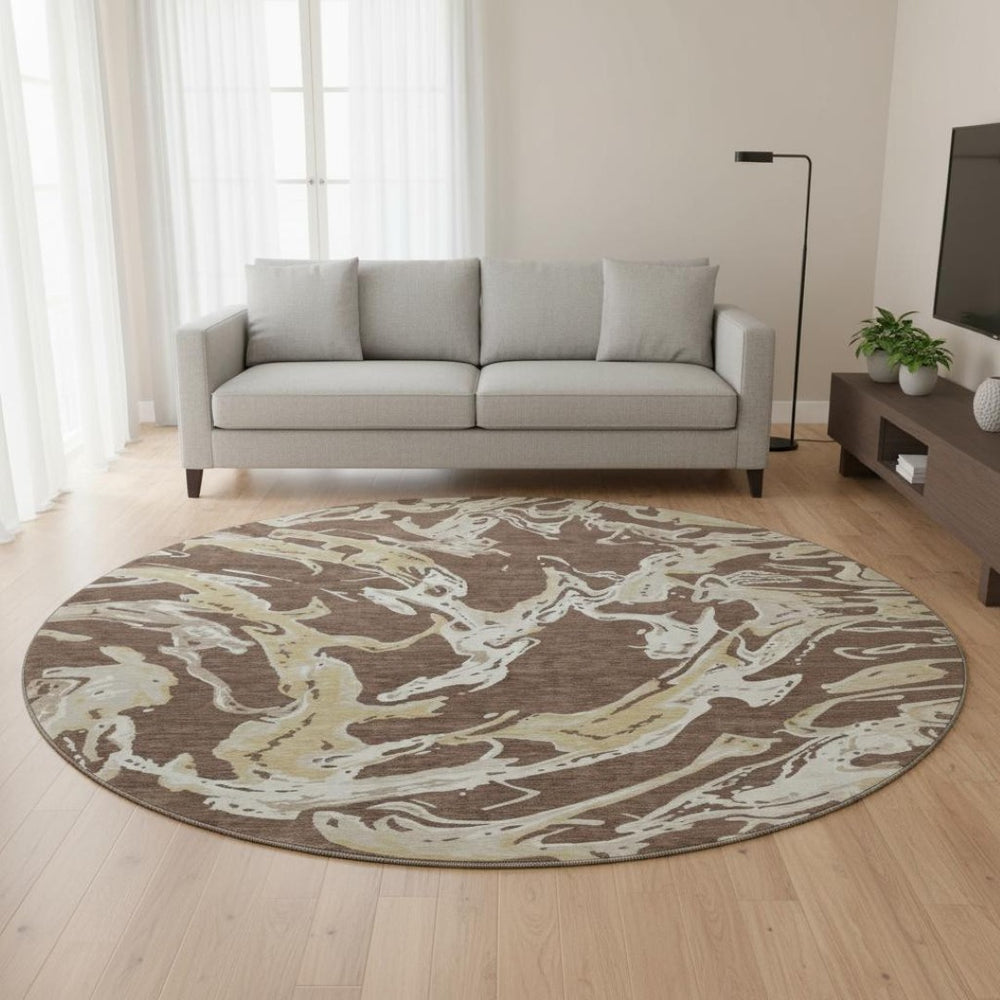 HomeRoots 8' Brown Ivory Gold Abstract Round Rug - Washable, UV Protected, Durable for Kids & Pets! 681224