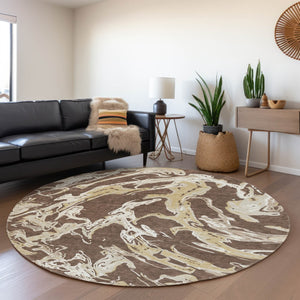 HomeRoots 8' Brown Ivory Gold Abstract Round Rug - Washable, UV Protected, Durable for Kids & Pets! 681224