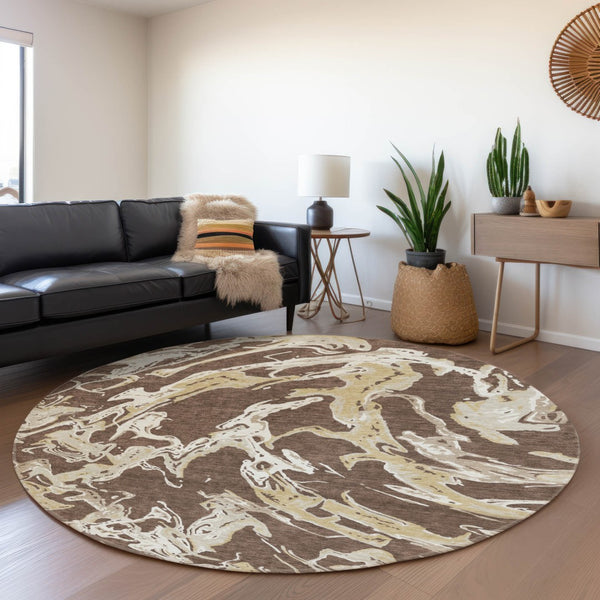 HomeRoots 8' Brown Ivory Gold Abstract Round Rug - Washable, UV Protected, Durable for Kids & Pets! 681224