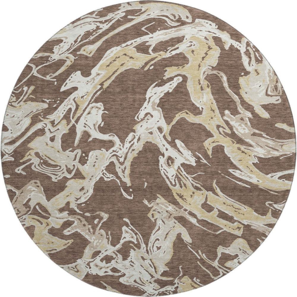 HomeRoots 8' Brown Ivory Gold Abstract Round Rug - Washable, UV Protected, Durable for Kids & Pets! 681224