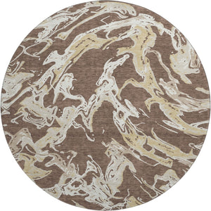 HomeRoots 8' Brown Ivory Gold Abstract Round Rug - Washable, UV Protected, Durable for Kids & Pets! 681224