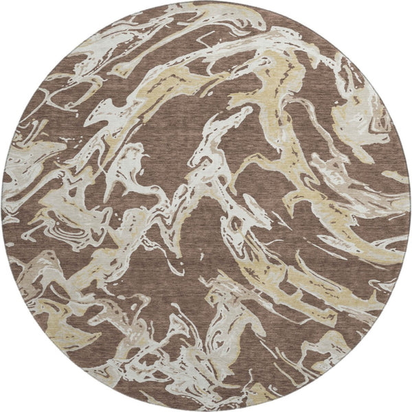 HomeRoots 8' Brown Ivory Gold Abstract Round Rug - Washable, UV Protected, Durable for Kids & Pets! 681224