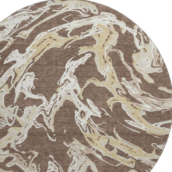 HomeRoots 8' Brown Ivory Gold Abstract Round Rug - Washable, UV Protected, Durable for Kids & Pets! 681224