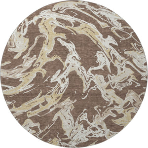 HomeRoots 8' Brown Ivory Gold Abstract Round Rug - Washable, UV Protected, Durable for Kids & Pets! 681224