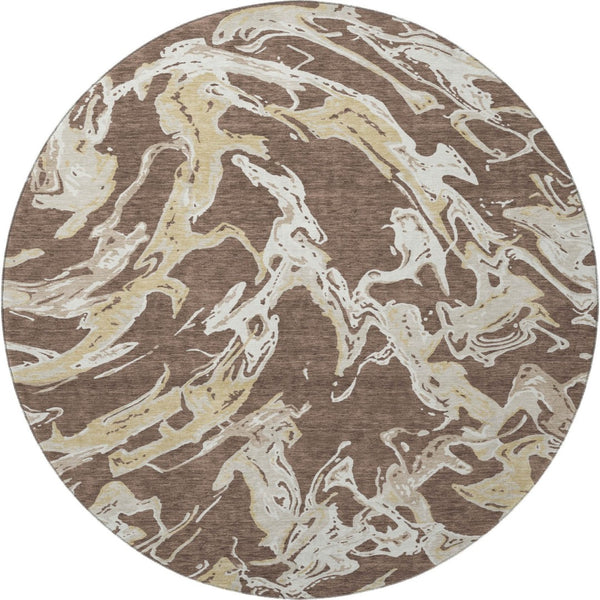 HomeRoots 8' Brown Ivory Gold Abstract Round Rug - Washable, UV Protected, Durable for Kids & Pets! 681224