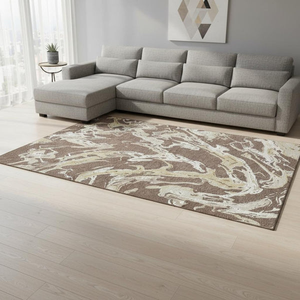 HomeRoots 8' X 10' Brown Ivory Gold Abstract Area Rug - Durable, Washable, Modern Design with UV Protection 681225