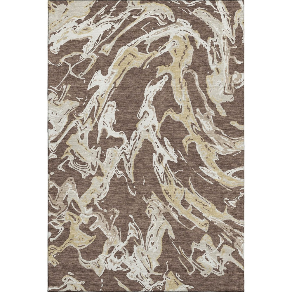 HomeRoots 8' X 10' Brown Ivory Gold Abstract Area Rug - Durable, Washable, Modern Design with UV Protection 681225