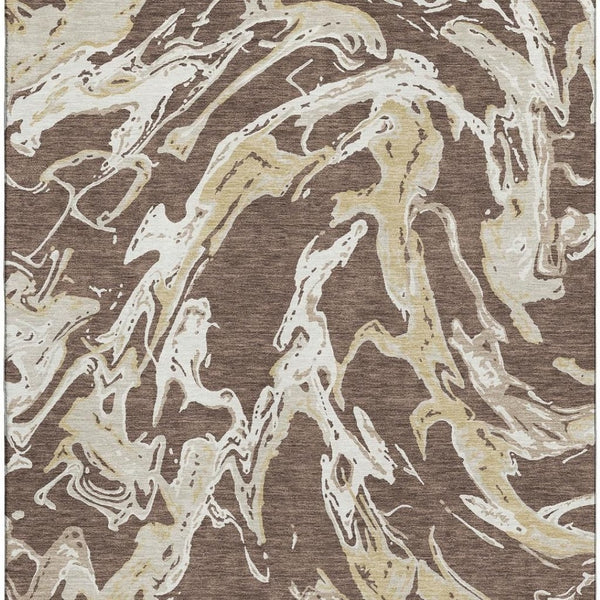 HomeRoots 8' X 10' Brown Ivory Gold Abstract Area Rug - Durable, Washable, Modern Design with UV Protection 681225