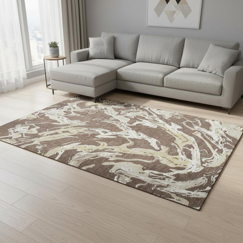 HomeRoots 9' X 12' Brown Ivory Gold Abstract Washable Area Rug - Stylish, Durable, and UV Protected for Any Space 681226