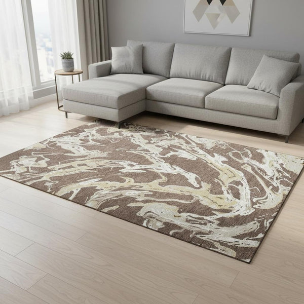 HomeRoots 9' X 12' Brown Ivory Gold Abstract Washable Area Rug - Stylish, Durable, and UV Protected for Any Space 681226