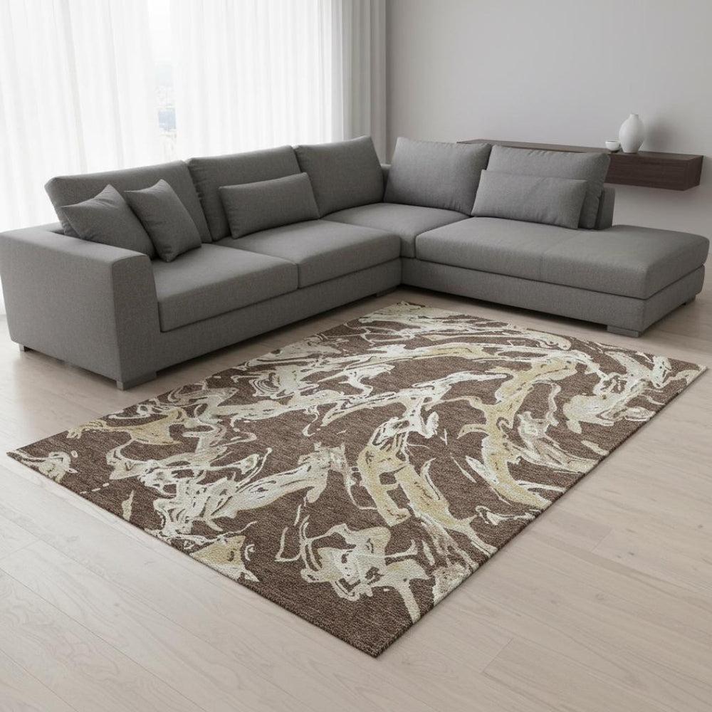 HomeRoots 10' X 14' Brown Ivory Gold Abstract Area Rug - Washable, UV Protected, Modern Design for Any Space 681227