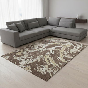 HomeRoots 10' X 14' Brown Ivory Gold Abstract Area Rug - Washable, UV Protected, Modern Design for Any Space 681227