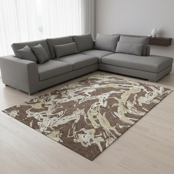HomeRoots 10' X 14' Brown Ivory Gold Abstract Area Rug - Washable, UV Protected, Modern Design for Any Space 681227