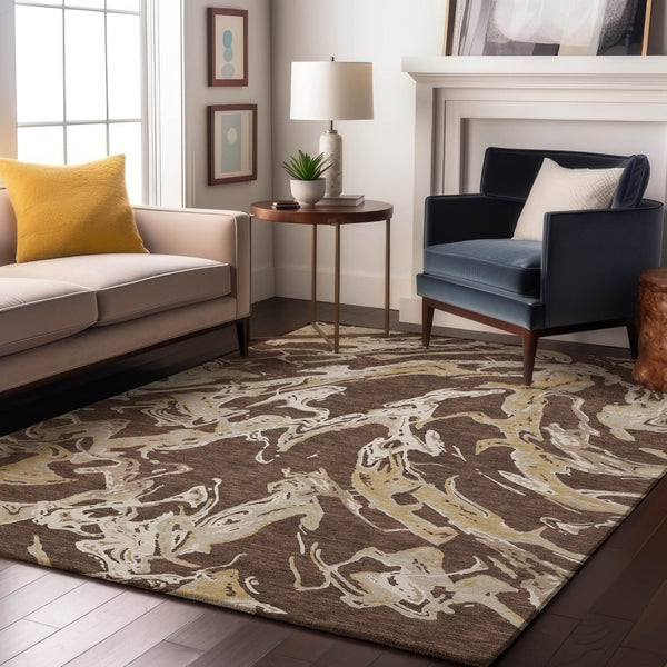 HomeRoots 10' X 14' Brown Ivory Gold Abstract Area Rug - Washable, UV Protected, Modern Design for Any Space 681227