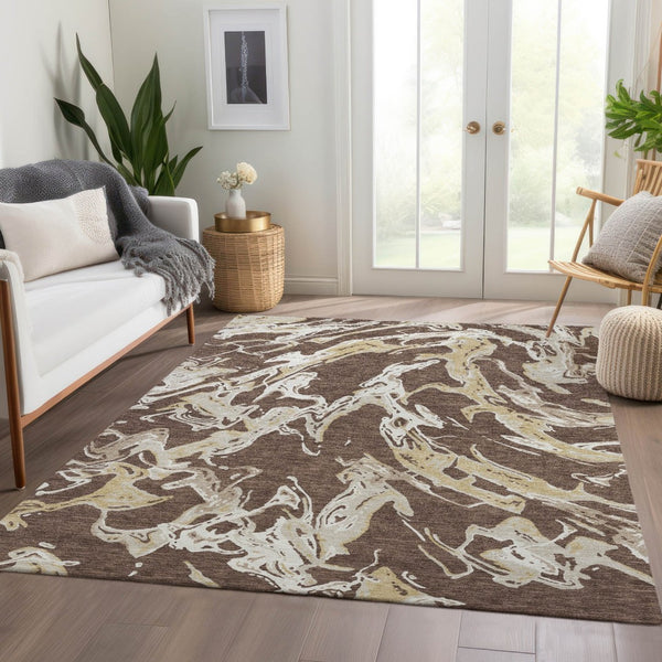 HomeRoots 10' X 14' Brown Ivory Gold Abstract Area Rug - Washable, UV Protected, Modern Design for Any Space 681227