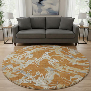 HomeRoots 8' Copper Gray and Ivory Abstract Round Rug - Washable, UV-Protected, Stylish & Durable Design 681230