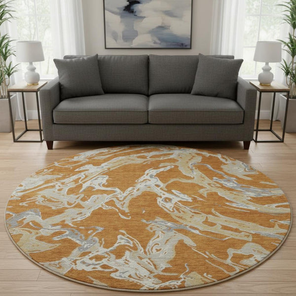 HomeRoots 8' Copper Gray and Ivory Abstract Round Rug - Washable, UV-Protected, Stylish & Durable Design 681230