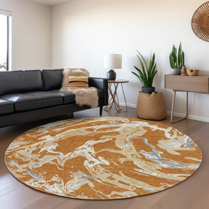 HomeRoots 8' Copper Gray and Ivory Abstract Round Rug - Washable, UV-Protected, Stylish & Durable Design 681230