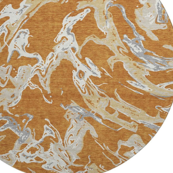 HomeRoots 8' Copper Gray and Ivory Abstract Round Rug - Washable, UV-Protected, Stylish & Durable Design 681230