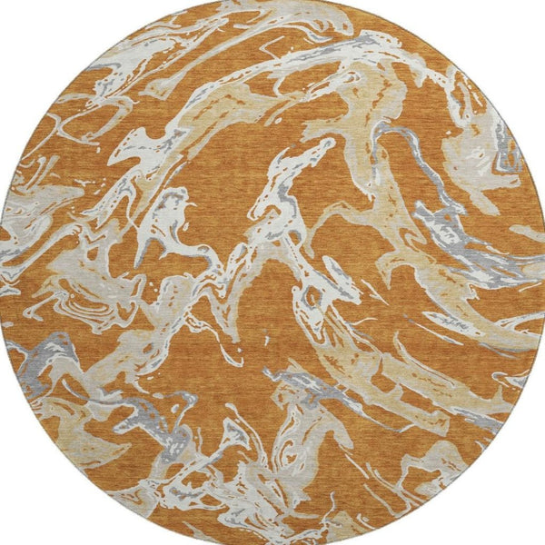 HomeRoots 8' Copper Gray and Ivory Abstract Round Rug - Washable, UV-Protected, Stylish & Durable Design 681230