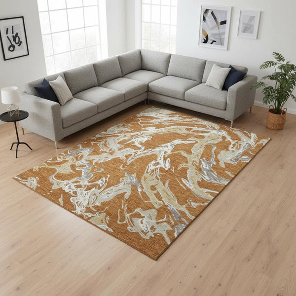 HomeRoots 8' X 10' Copper Gray & Ivory Abstract Washable Area Rug - Stylish, UV Protected & Stain Resistant! 681231