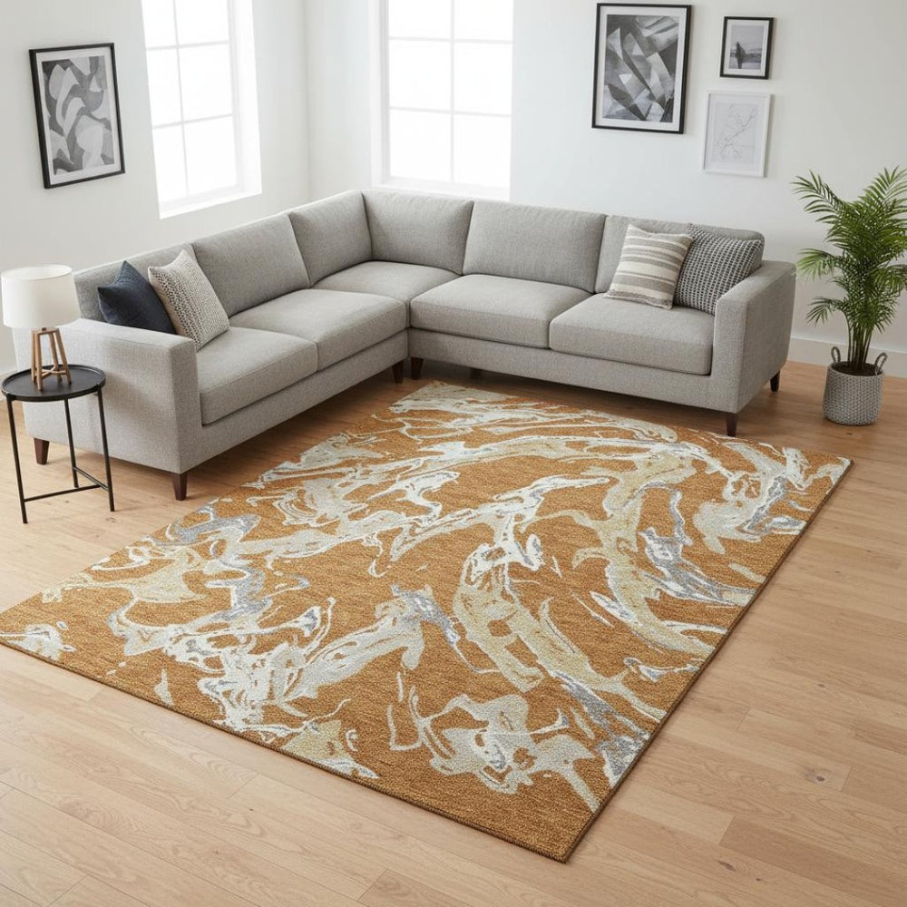 HomeRoots 9' X 12' Copper Gray Ivory Abstract Washable Area Rug - Durable, UV-Resistant, Easy Care Design 681232