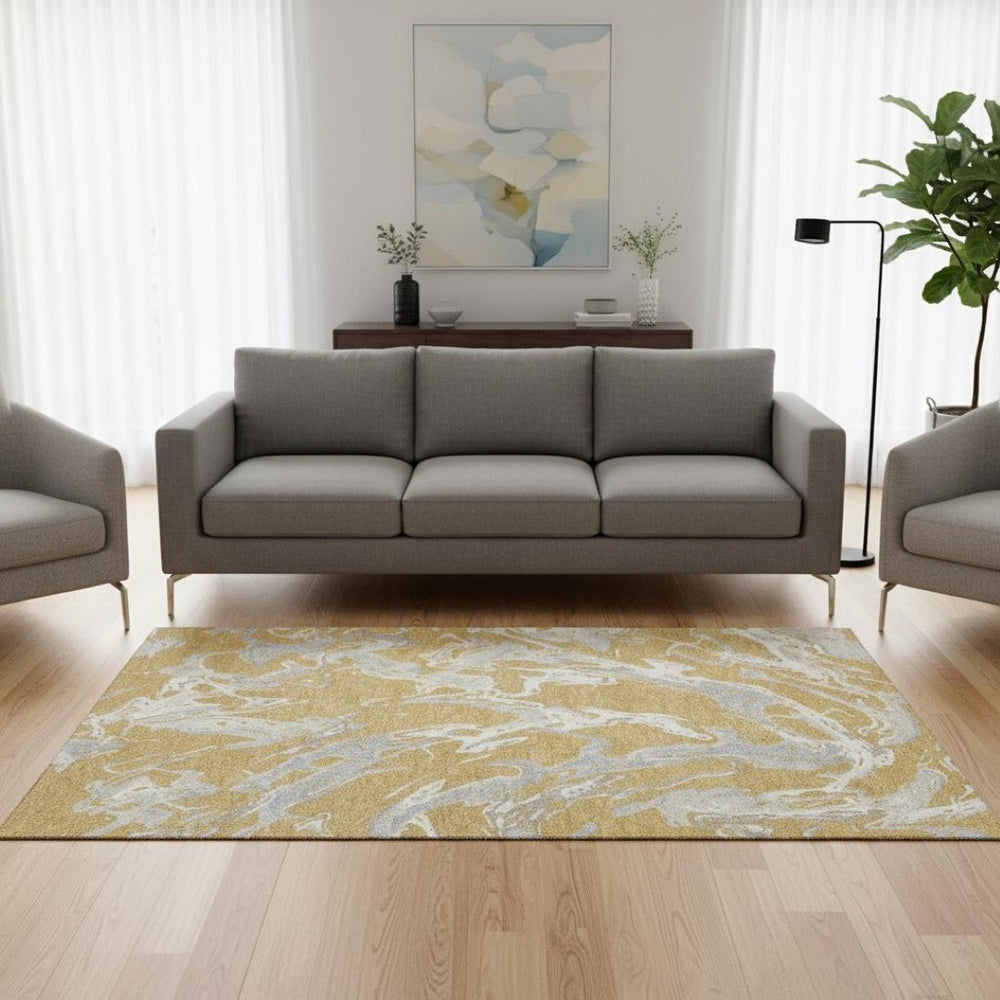 HomeRoots 5' X 8' Washable Gold Gray Beige Abstract Area Rug - UV Protected, Durable, Modern Style for Homes 681235