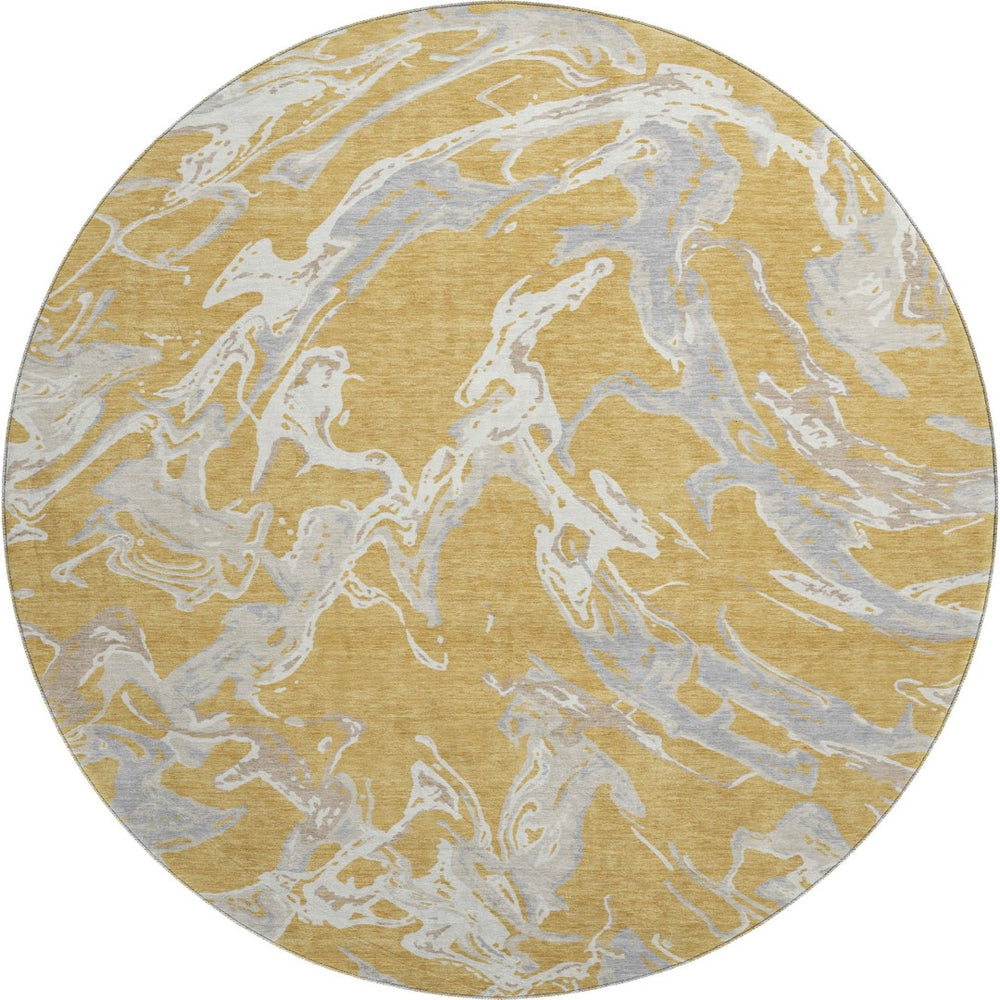 HomeRoots 8' Gold Gray And Beige Abstract Round Rug – Washable, UV Protected, Stain Resistant for Busy Homes 681236