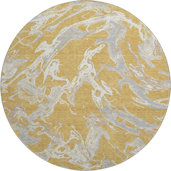 HomeRoots 8' Gold Gray And Beige Abstract Round Rug – Washable, UV Protected, Stain Resistant for Busy Homes 681236