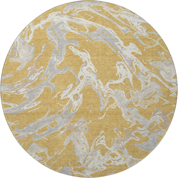HomeRoots 8' Gold Gray And Beige Abstract Round Rug – Washable, UV Protected, Stain Resistant for Busy Homes 681236