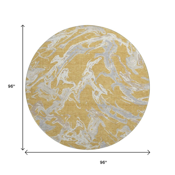 HomeRoots 8' Gold Gray And Beige Abstract Round Rug – Washable, UV Protected, Stain Resistant for Busy Homes 681236