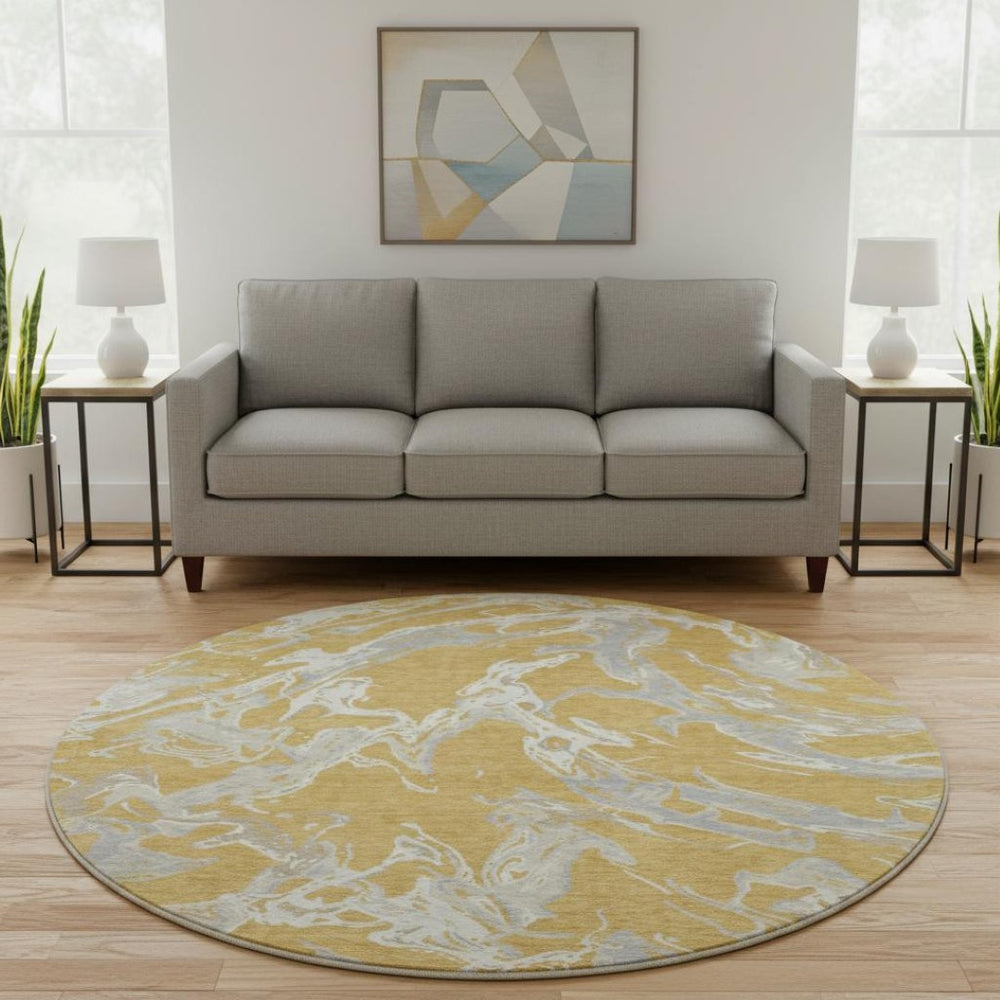 HomeRoots 8' Gold Gray And Beige Abstract Round Rug – Washable, UV Protected, Stain Resistant for Busy Homes 681236
