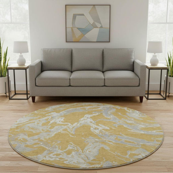 HomeRoots 8' Gold Gray And Beige Abstract Round Rug – Washable, UV Protected, Stain Resistant for Busy Homes 681236