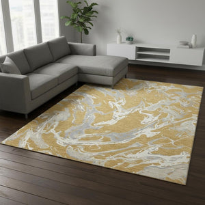 HomeRoots 9' Abstract Area Rug in Gold, Gray & Beige – Washable, UV-Protected, Stain-Resistant Design for Modern Homes 681238