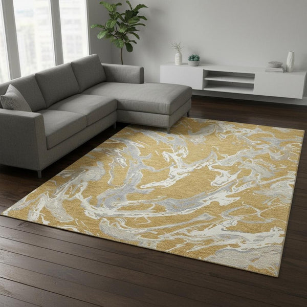 HomeRoots 9' Abstract Area Rug in Gold, Gray & Beige – Washable, UV-Protected, Stain-Resistant Design for Modern Homes 681238