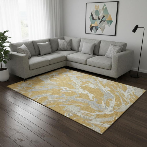 HomeRoots 10' X 14' Abstract Washable Area Rug in Gold, Gray & Beige - Durable, Stain-Resistant & UV Protected 681239
