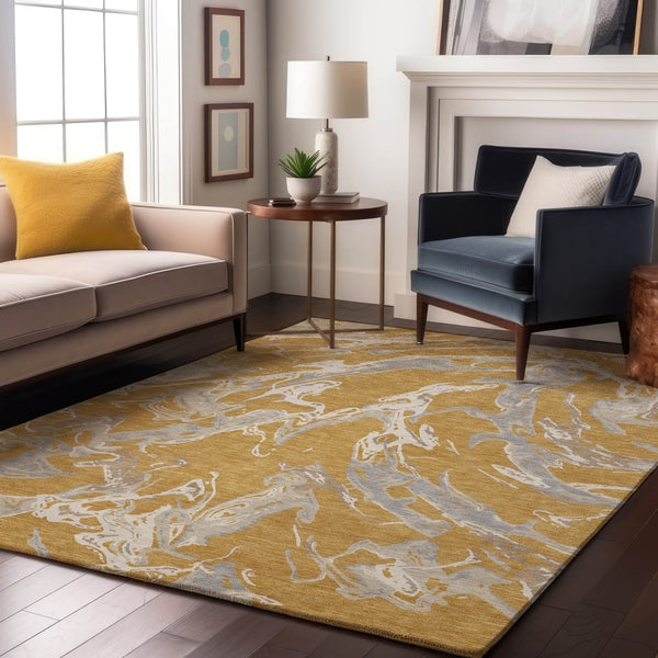 HomeRoots 10' X 14' Abstract Washable Area Rug in Gold, Gray & Beige - Durable, Stain-Resistant & UV Protected 681239