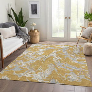 HomeRoots 10' X 14' Abstract Washable Area Rug in Gold, Gray & Beige - Durable, Stain-Resistant & UV Protected 681239