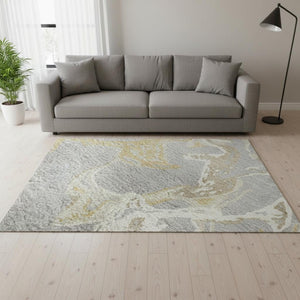 HomeRoots 5' Modern Abstract Gray Gold and Ivory Washable Area Rug with UV Protection for High-Traffic Homes 681241