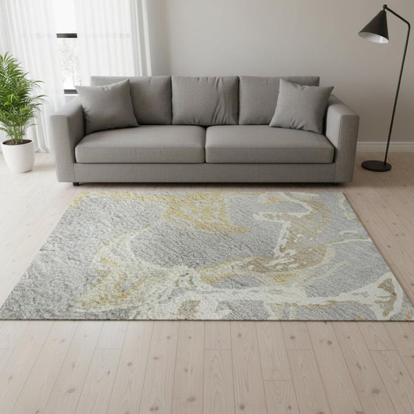 HomeRoots 5' Modern Abstract Gray Gold and Ivory Washable Area Rug with UV Protection for High-Traffic Homes 681241