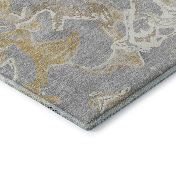 HomeRoots 5' Modern Abstract Gray Gold and Ivory Washable Area Rug with UV Protection for High-Traffic Homes 681241