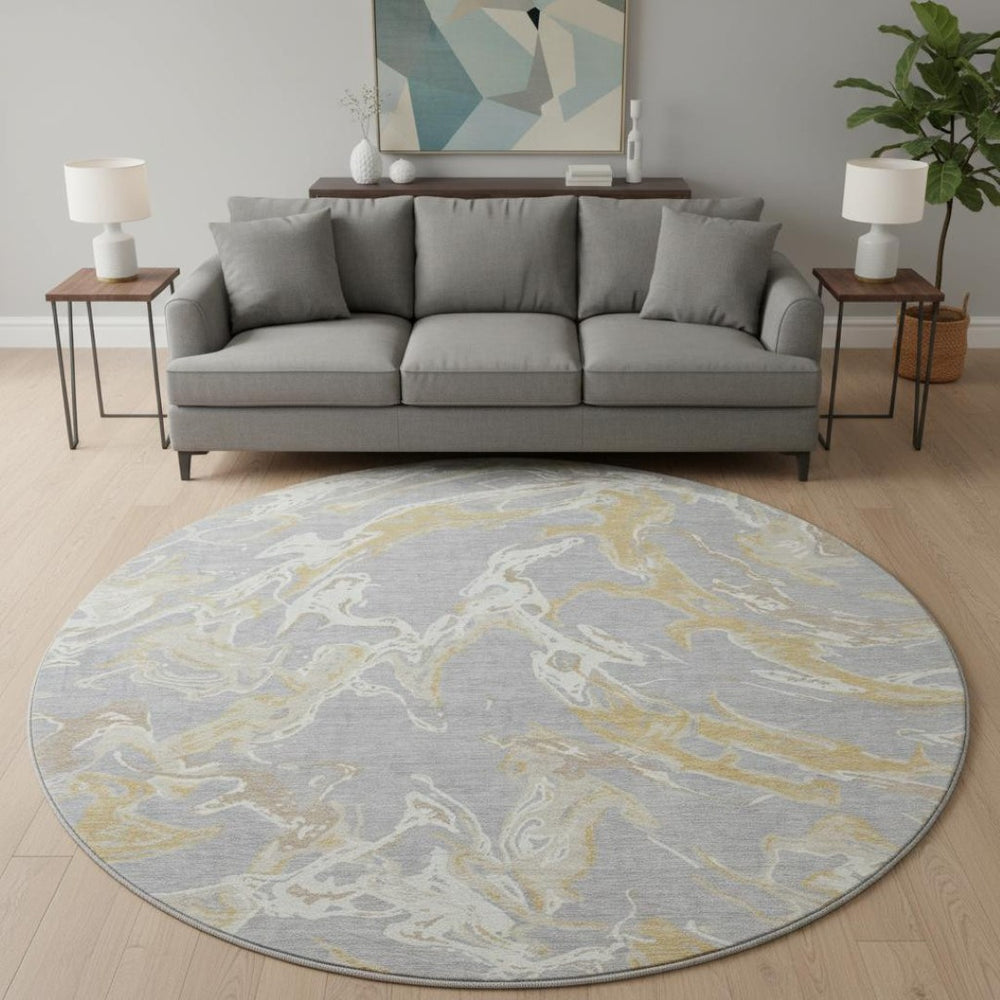 HomeRoots 8' Gray Gold and Ivory Abstract Washable Round Rug - Stylish, Durable, UV-Protected for High Traffic Areas 681242