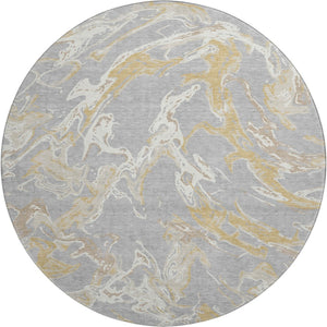 HomeRoots 8' Gray Gold and Ivory Abstract Washable Round Rug - Stylish, Durable, UV-Protected for High Traffic Areas 681242