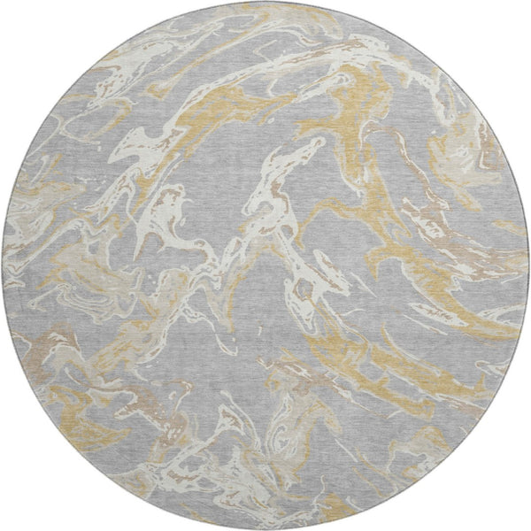 HomeRoots 8' Gray Gold and Ivory Abstract Washable Round Rug - Stylish, Durable, UV-Protected for High Traffic Areas 681242