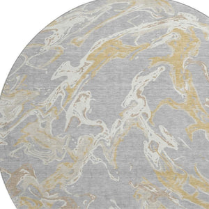 HomeRoots 8' Gray Gold and Ivory Abstract Washable Round Rug - Stylish, Durable, UV-Protected for High Traffic Areas 681242