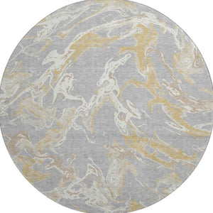 HomeRoots 8' Gray Gold and Ivory Abstract Washable Round Rug - Stylish, Durable, UV-Protected for High Traffic Areas 681242