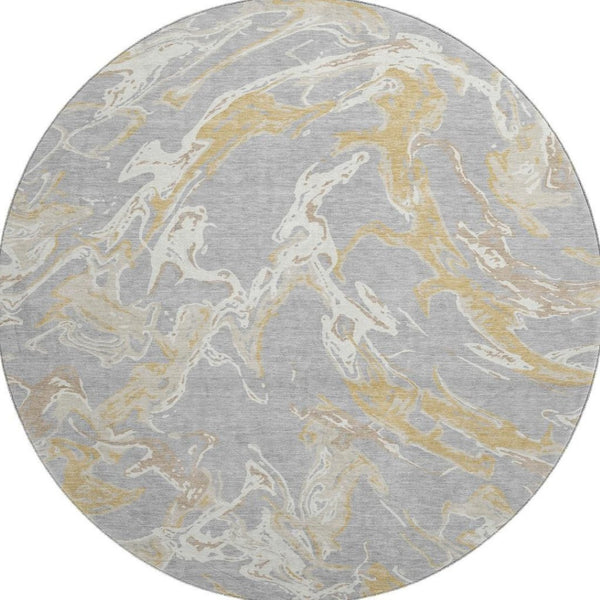 HomeRoots 8' Gray Gold and Ivory Abstract Washable Round Rug - Stylish, Durable, UV-Protected for High Traffic Areas 681242
