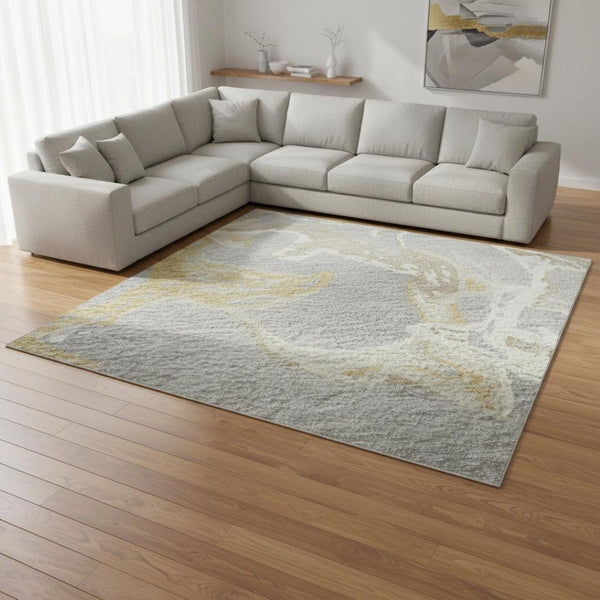 HomeRoots 8' X 10' Contemporary Gray Gold Ivory Abstract Area Rug - Washable, Stain-Resistant & UV Protected 681243
