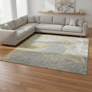 HomeRoots 9' X 12' Abstract Washable Area Rug in Gray, Gold & Ivory - Durable, UV Protected & Stylish Design! 681244