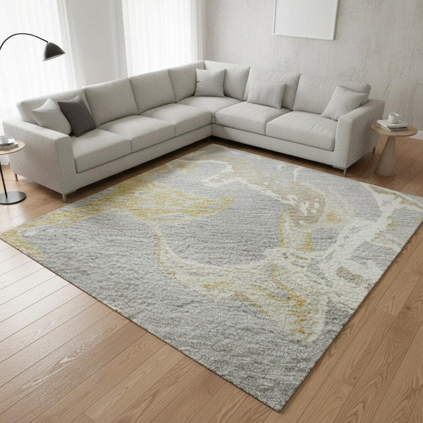 HomeRoots 10' X 14' Gray Gold Ivory Abstract Washable Area Rug - Stylish, Durable, and UV-Protected for Homes 681245